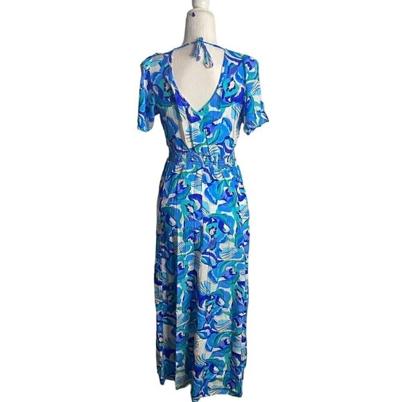 Abel The Label Anthropologie Blue Boho Smocked V Neck Maxi Dress Small Dress Up - Picture 3 of 11